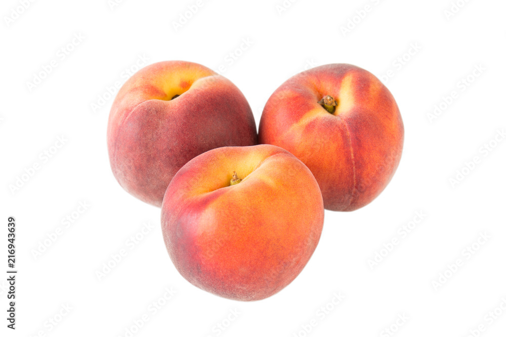Three peach fresh fruits isolated on white background angle view Three peach fresh fruits isolated on white background angle view