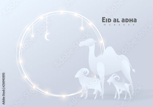 Eid Al Adha Mubarak the celebration of Muslim community festival background design with camel sheep and goat paper cut style.Glowing lights Vector Illustration