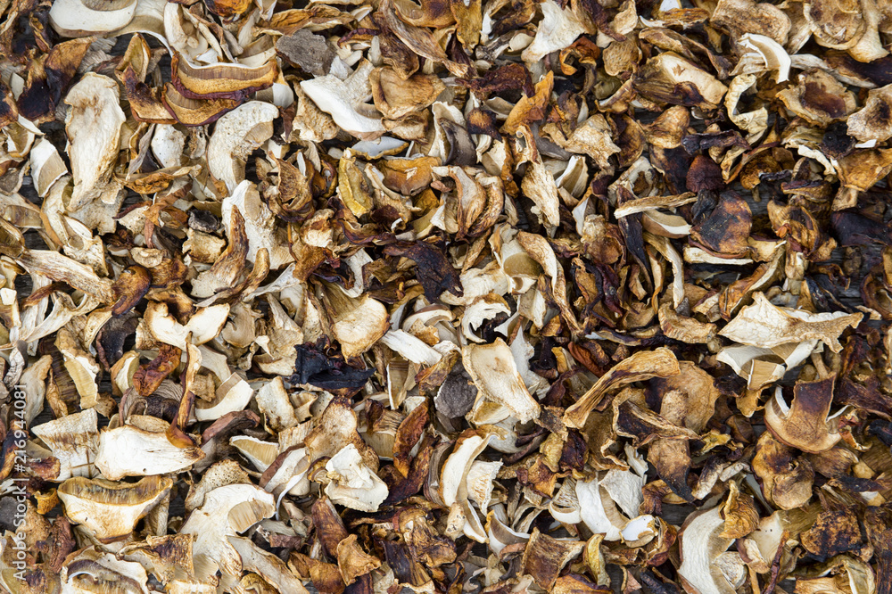 Dried boletus close-up. Background of dried mushrooms. Dried boletus close-up. Background of dried mushrooms.