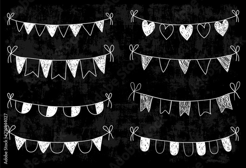 Chalkboard doodle bunting with flags, triangles and hearts for wedding designs, bridal showers invitation and greeting cards