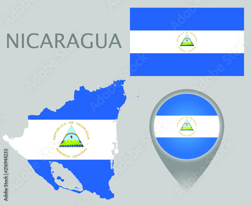 Colorful flag, map pointer and map of the Nicaragua in the colors of the ncaraguan flag. High detail. Vector illustration