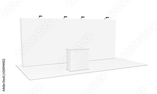 Rectangular pop up display system & podium. Blank trade show booth equipment. Vector illustration
