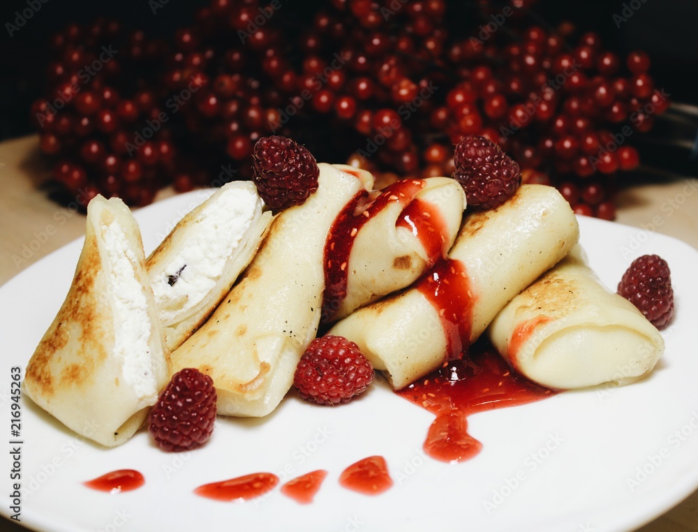 Pancakes with curd and raspberry jam Pancakes with curd and raspberry jam