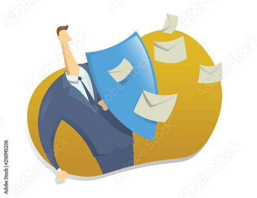 Spam filter, male shield off unwanted advertising messages. Concept vector illustration in abstract flat style, isolated on white background.