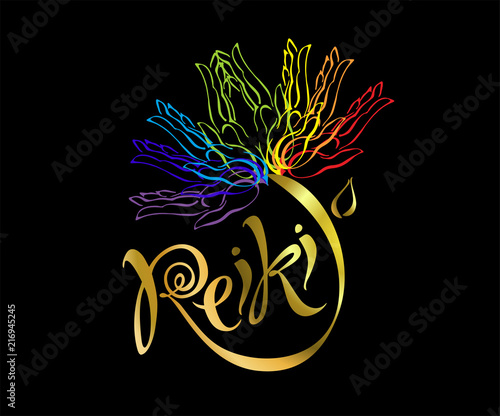 Reiki energy. Logotype. Healing energy. Flower of the rainbow from the palms of man. Alternative medicine. Spiritual practice. Vector