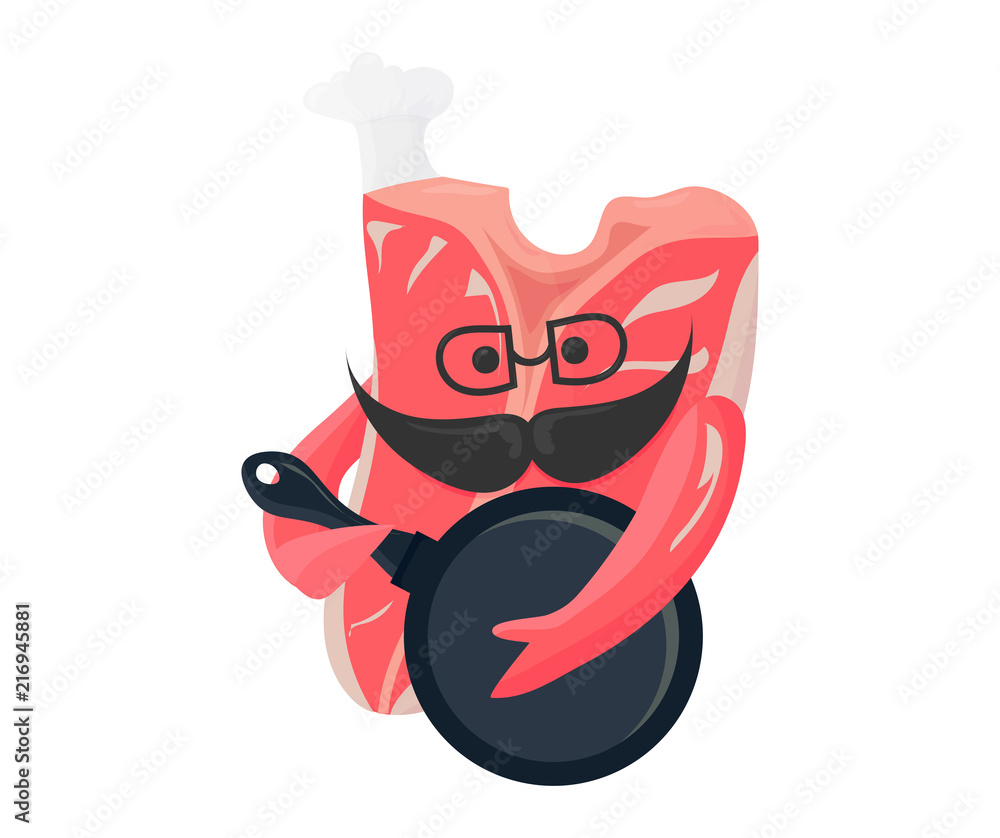Vector illustration: t-bone beef raw steak cute face with chefs hat on and skillet pan isolated. Raw t-bone angus beef steak and pan icon. Vector illustration: t-bone beef raw steak cute face with chefs hat on and skillet pan isolated. Raw t-bone angus beef steak and pan icon.