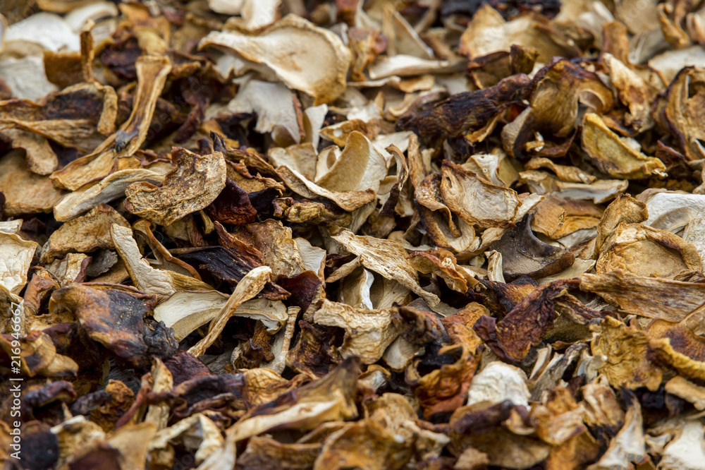 Dried boletus close-up. Background of dried mushrooms.