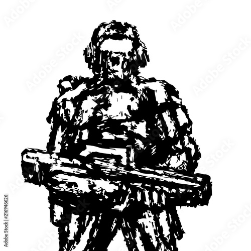 Soldier standing with assault rifle. Vector graphics.