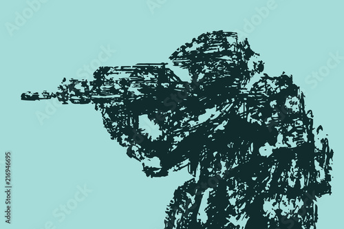 Silhouette of soldier aiming from machine gun. Vector illustration.