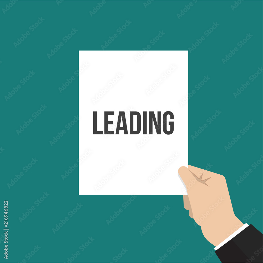 Man showing paper LEADING text Man showing paper LEADING text