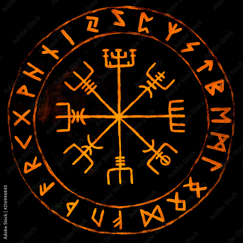 Photographie Handpainted vegvisir, glowing protection runes and a viking  compass isolated on - Acheter-le sur Europosters.fr