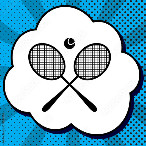 Two tennis racket with ball sign. Vector. Black icon in bubble o