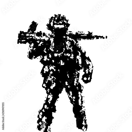 Soldier holding assault rifle on his shoulder. Vector illustration.