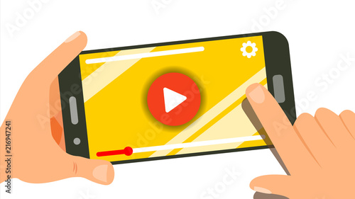 Watching Video On Smartphone Vector. Human Hands With Gadget. Menu Panel. Music, Movie. Finger Touch Screen. Isolated Flat Illustration