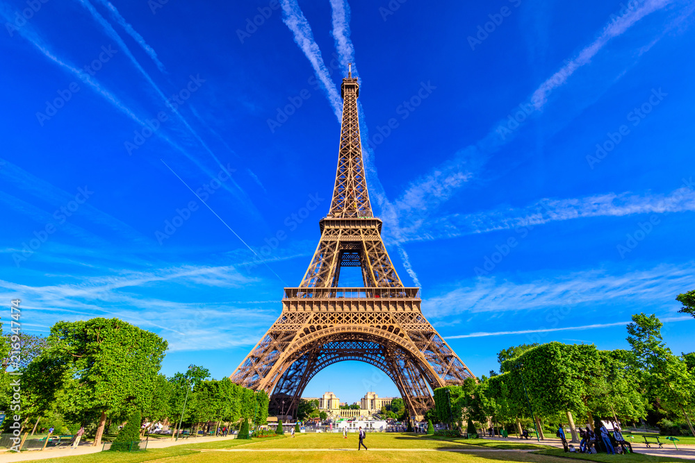 Fototapeta premium Paryż Wieża Eiffla i Champ de Mars w Paryżu, Francja. Wieża Eiffla jest jednym z najbardziej znanych zabytków Paryża. Champ de Mars to duży park publiczny w Paryżu