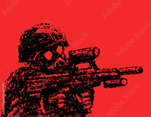 Soldier in helmet and gas mask aiming from assault rifle. Vector illustration.
