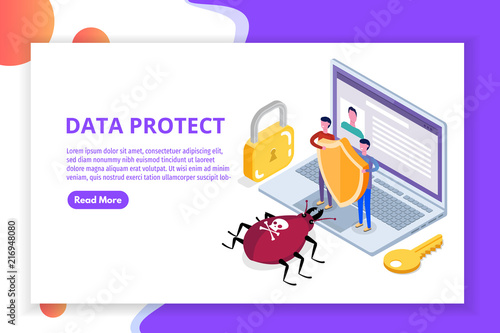 Computer virus, Data Protection isometric concept, Network data, Internet security, Secure bank transaction.  Vector illustration.