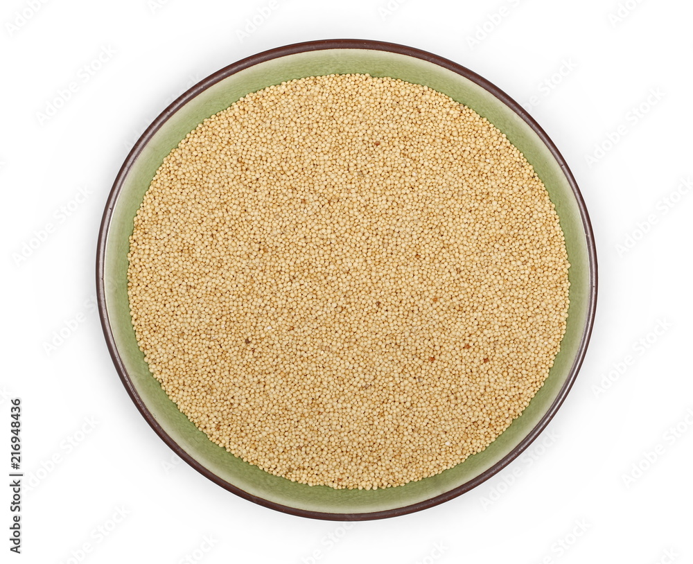 Amaranth seeds in porcelain bowl isolated on white background, top view Amaranth seeds in porcelain bowl isolated on white background, top view