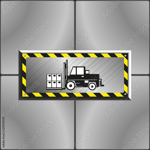 Loader. Image on an industrial metal plate, bolted to the wall of gray slabs. Vector illustration.