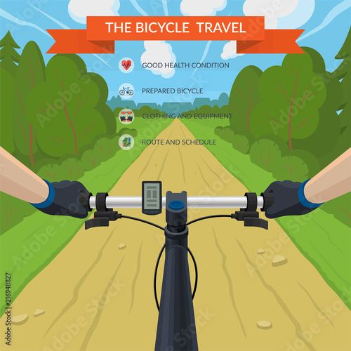 Hands on the handlebar of a bicycle. Bike travel by forest road. View from the eyes of a cyclist. Vector illustration in flat style