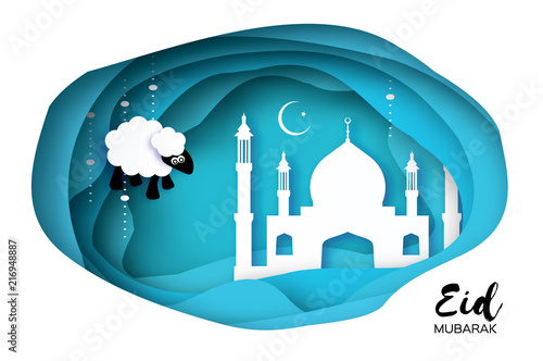 Eid-Al-Adha Greeting card design with paper cut cute Baby Sheep for Muslim Community. Origami Festival of Sacrifice. Eid Mubarak. Blue background. white ram.