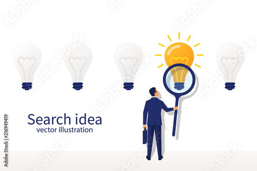 Creative person with a magnifying glass in his hands is looking for idea. Vector illustration flat design. Isolated on white background. Glowing lamp among useless inventions.