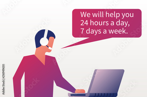 Customer service concept. Tech support person is sitting at the laptop. Online global 247. Web page, banner, presentation, poster. Vector illustration flat design. Cloud with text.