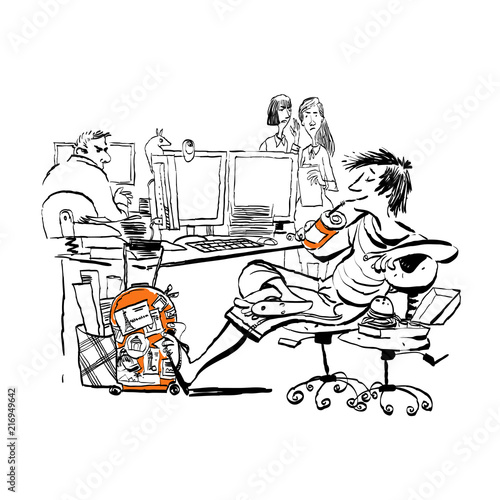 A teenager at work laughs at rebukes and attacks of his angry colleges. Lazy teen at work.