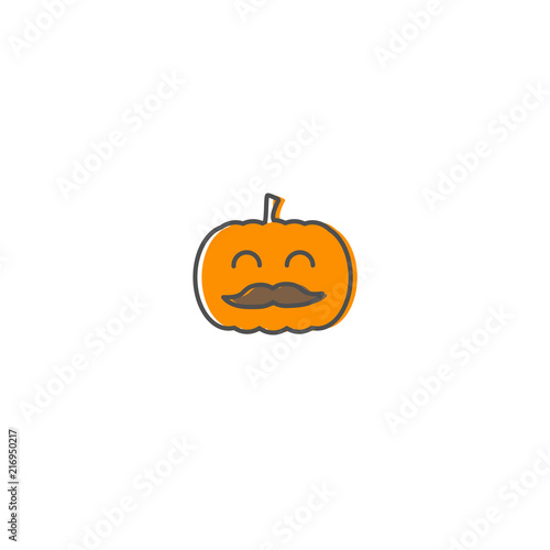 Jack o lantern orange pumpkin sticker with mustache isolated on white background.