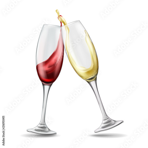 Two wine glasses with splash of red and white wine, celebratory toast, realistic vector illustration isolated on background. Transparent glassware, element design for menu, shop windows