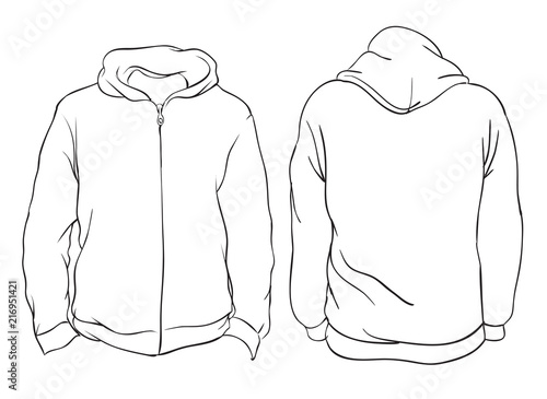 Vector illustration. Blank hoodie jacket front and back views. Isolated on white