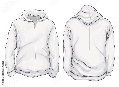 Vector illustration. Blank hoodie jacket front and back views. Isolated on white