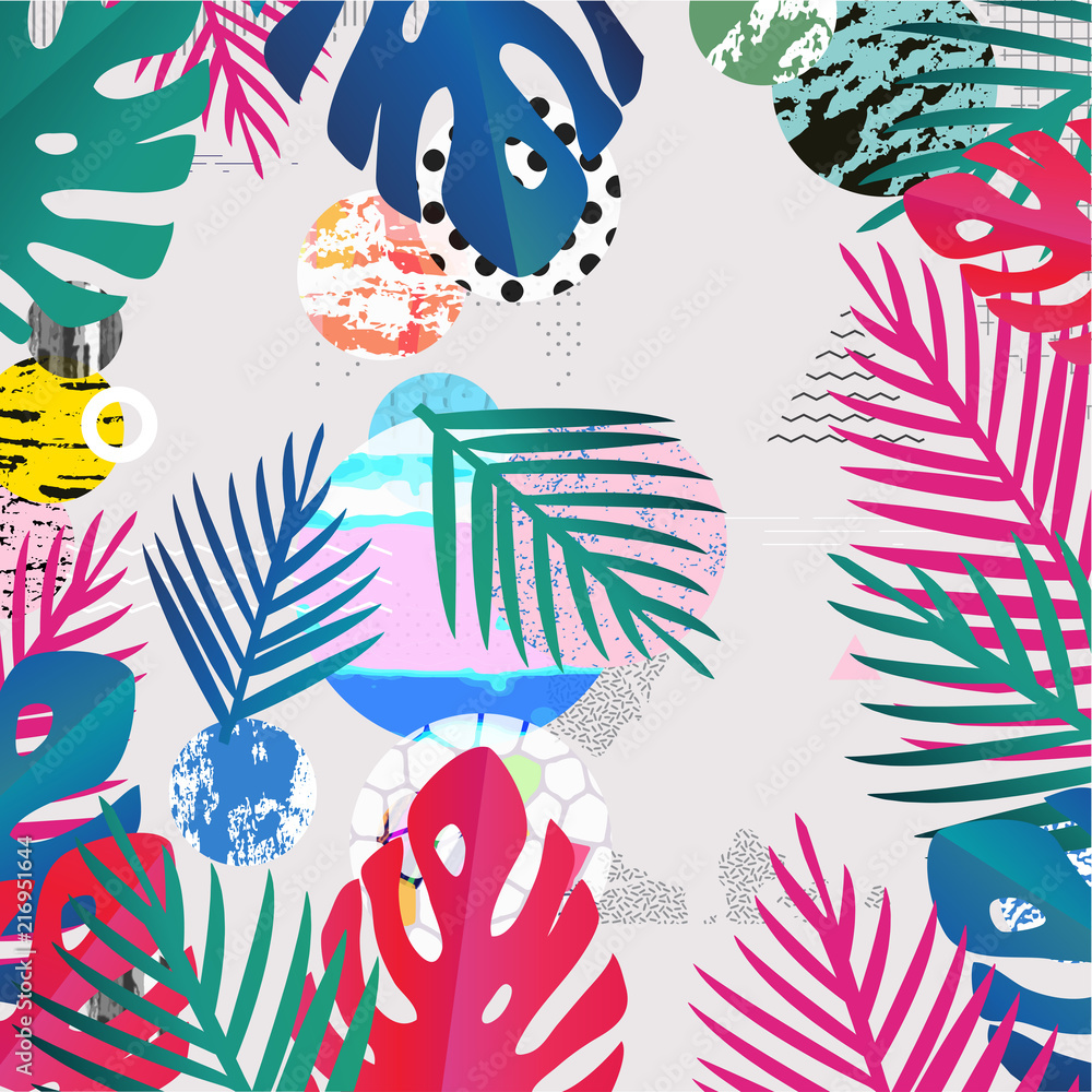 Tropical jungle leaves background. Colorful tropical poster design. Exotic leaves, plants and branches art print. Wallpaper, fabric, textile, wrapping paper vector illustration design
