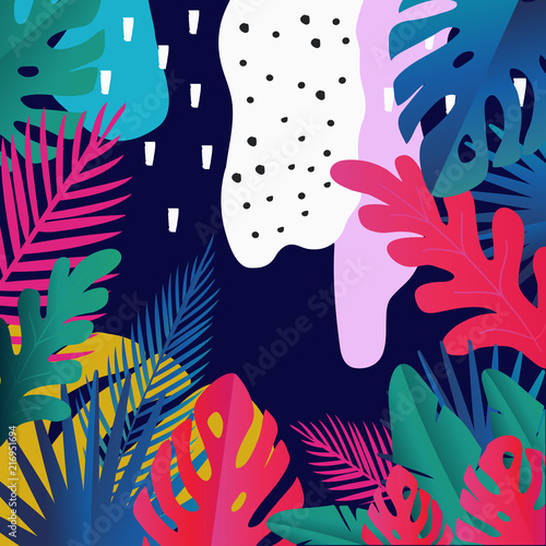 Tropical jungle leaves background. Colorful tropical poster design. Exotic leaves, plants and branches art print. Wallpaper, fabric, textile, wrapping paper vector illustration design © blossomstar