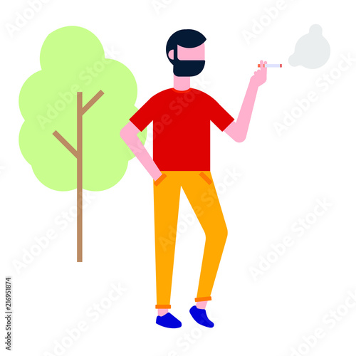 Smoking male man. Young man with cigarette smokes isolated on white background flat style design vector illustration. Concept of bad habits.