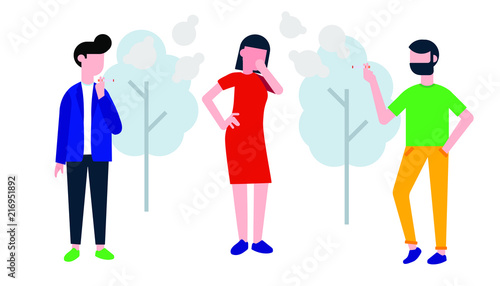 Group of people. Man and boy smoke cigarette and woman coughing in her hand. Concept of passive smoking flat style illustration isolated on white background