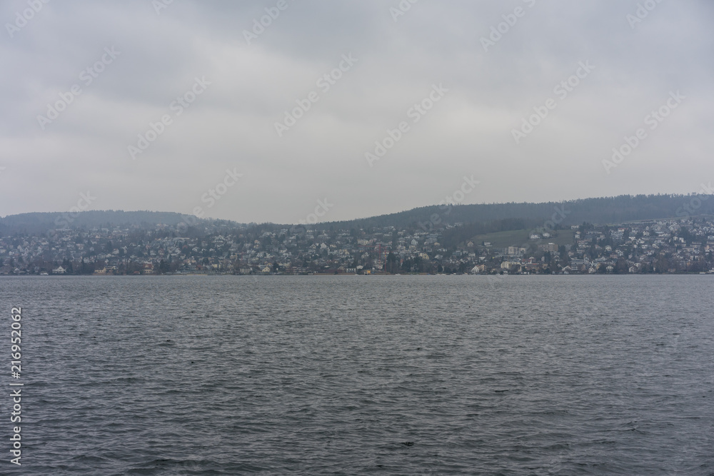 lake zurich water and mountain landscape with rainy weather