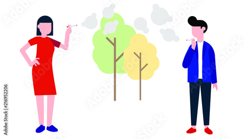 Group of smoking people. Woman and male boy smoke cigarette, Concept of smoking lifestyle flat style illustration isolated on white background with trees