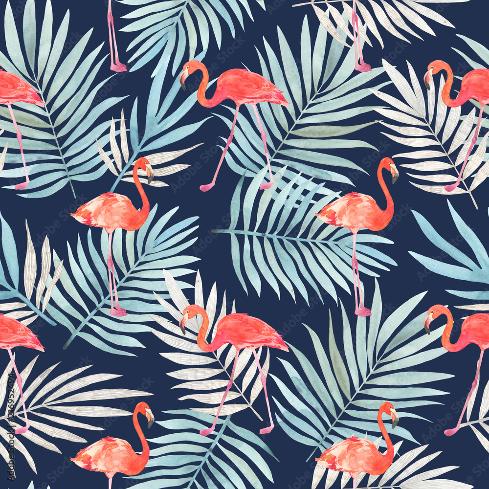 Seamless watercolor pattern with a bird flamingo and tropical leaves. Beautiful pink bird. Tropical flamingo.