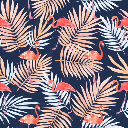Seamless watercolor pattern with a bird flamingo and tropical leaves. Beautiful pink bird. Tropical flamingo.