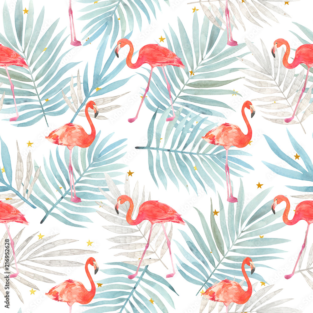 Seamless watercolor pattern with a bird flamingo and tropical leaves. Beautiful pink bird. Tropical flamingo. Seamless watercolor pattern with a bird flamingo and tropical leaves. Beautiful pink bird. Tropical flamingo.