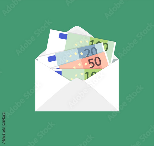 Opened envelope with Euro banknotes. Payment, salary, investment, corruption concept illustration in flat style.