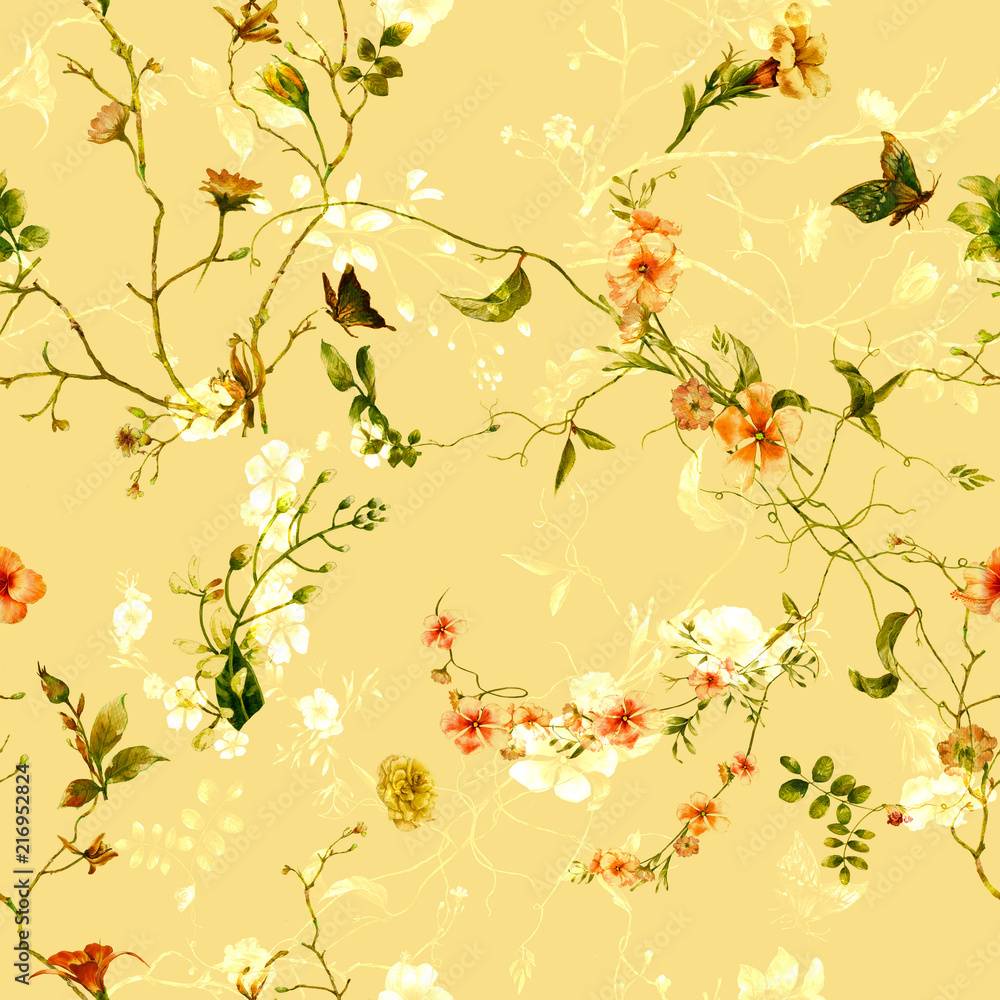 Fototapeta premium Watercolor painting of leaf and flowers, seamless pattern