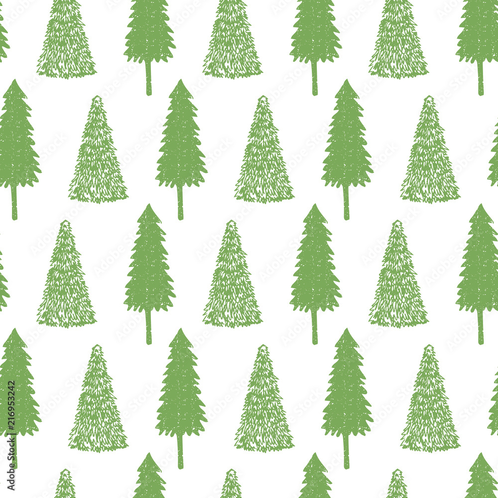 Hand drawn seamless pattern with fir trees. Christmas vintage design. Scandinavian background.