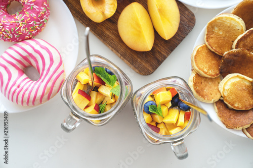 set with different sweet products on white background. carbohydrate Breakfast