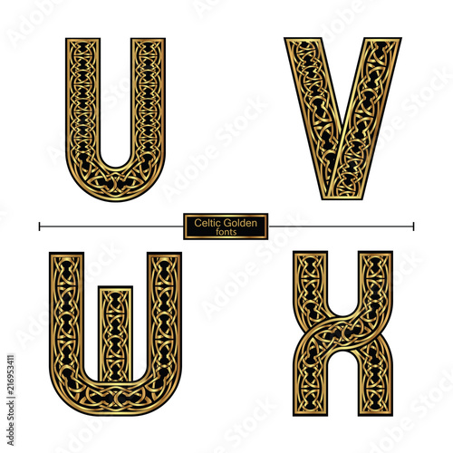 Alphabet celtic golden style in a set UVWX