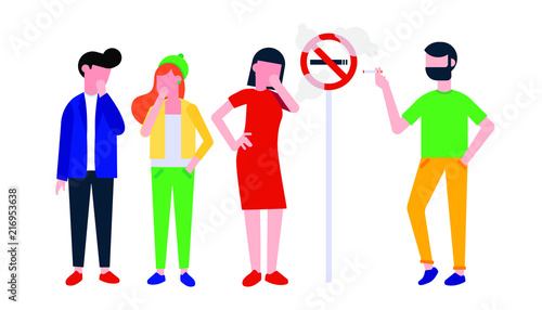 Group of smoking people. Teenager girl, young boy, woman and man smoke cigarettes near signs no smoking and smoking area flat style design vector illustration isolated on white background 