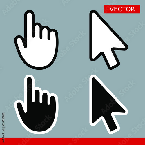 White and black arrow cursors and hand cursors icons signs with rounded angles flat style design vector illustration isolated on gray background photo