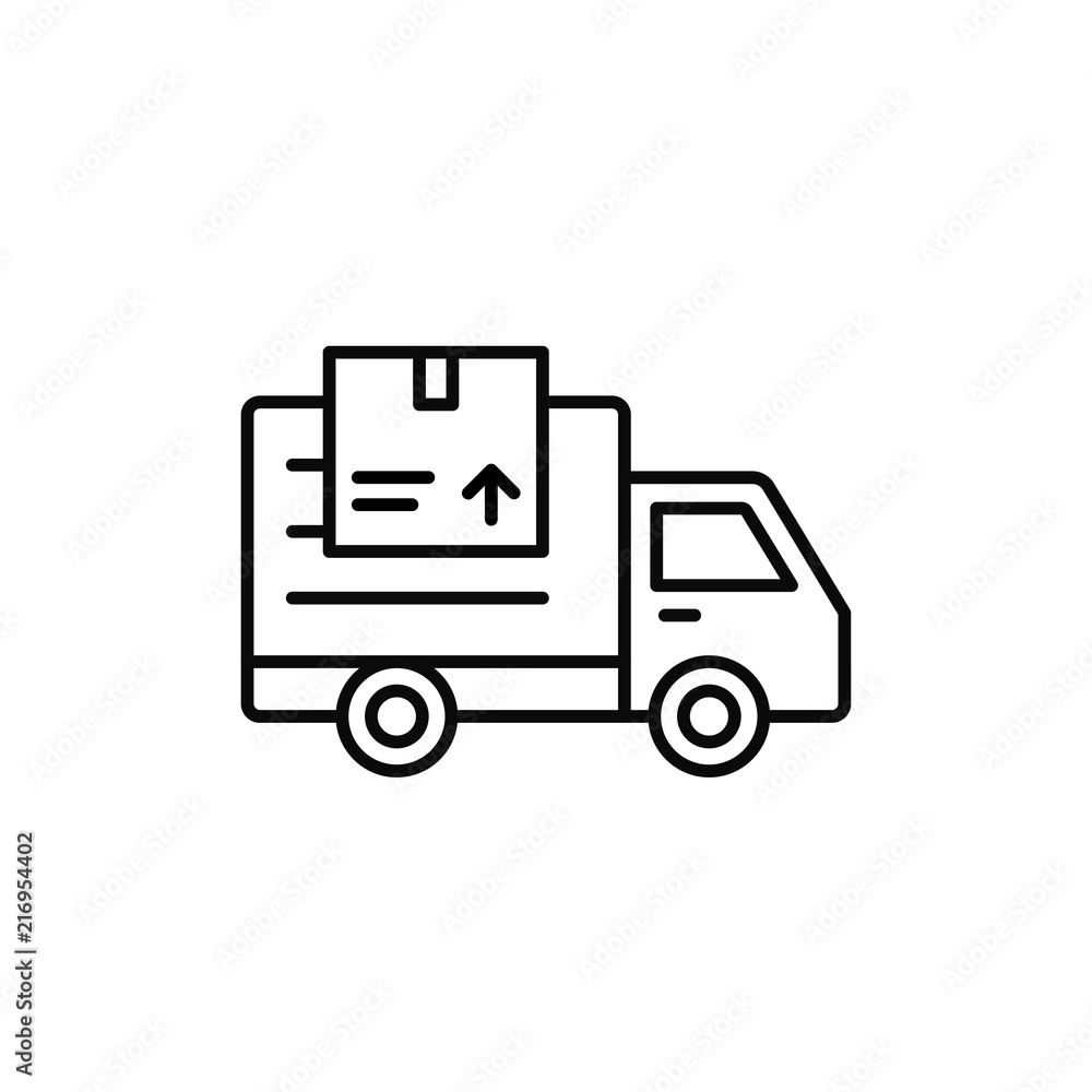 delivery truck with package icon. shipment item transportation illustration. simple outline vector symbol design.