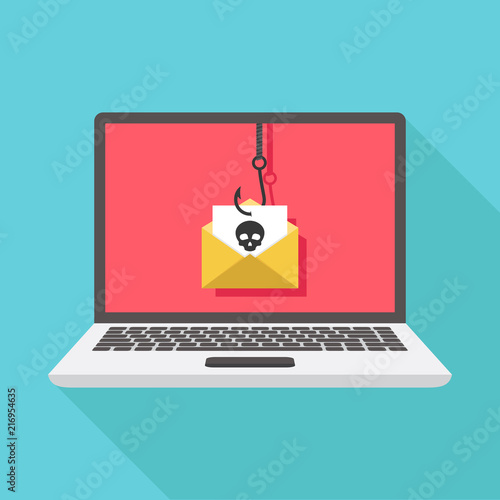 Phishing flat, phishing design, phishing vector, phishing illustration, internet crime phishing via email on a laptop, fishing hook, flat design vector illustration